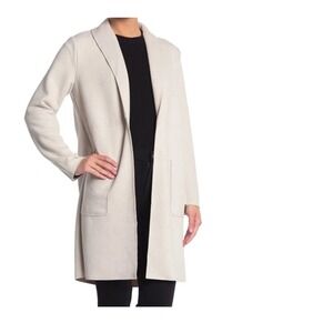 New! Joan‎ Vass Faux Leather Open Front Drape Collar Coat L